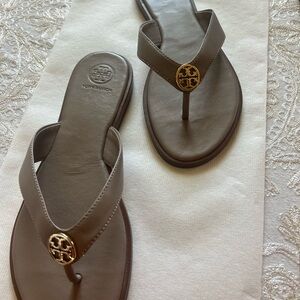 Tory Burch Taupe Sandals with Gold Emblem
